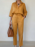 Women's solid colour polo collar two-piece shirt and pants set in army green, nine-quarter sleeves, stitching detail
