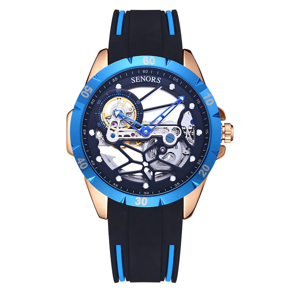 Automatic mechanical men's watch with skeleton dial in rose gold case