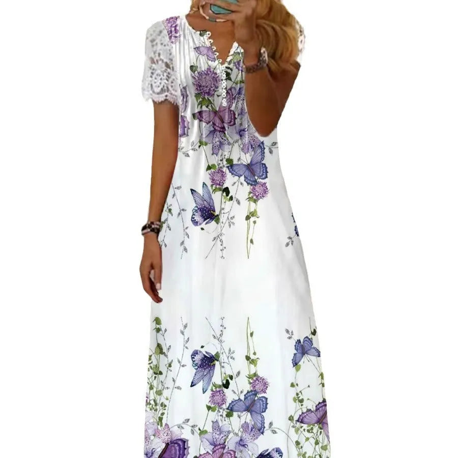 Printed lace sleeve short sleeve dress in polyester, long skirt, available in multiple colours and sizes S to XXL