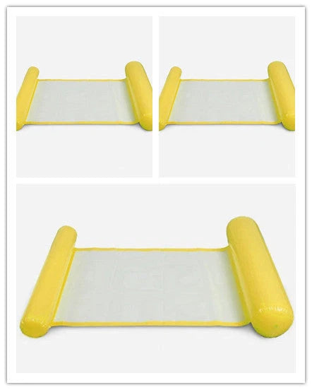 Inflatable water lounge chair in blue, floating in pool with hammock design visible