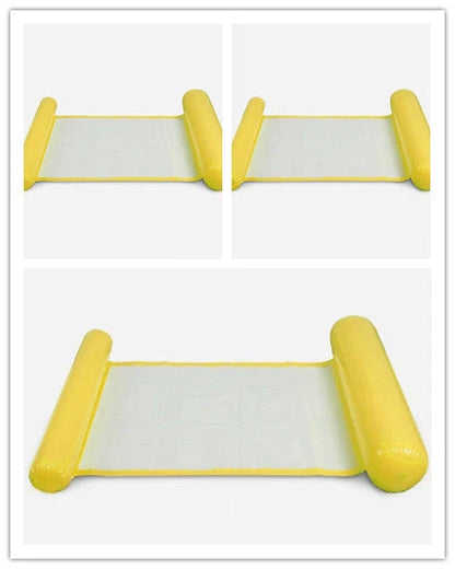 Inflatable water lounge chair in blue, floating in pool with hammock design visible