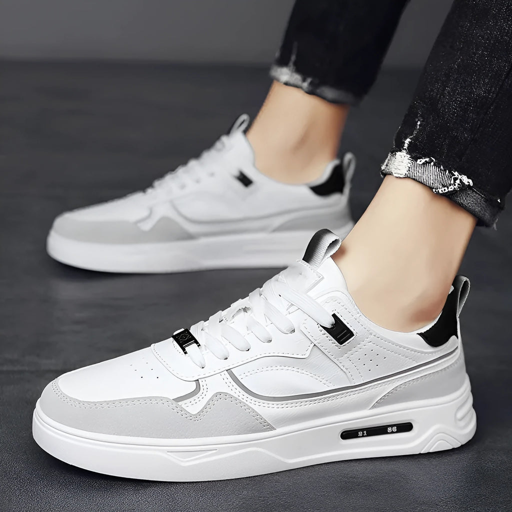 Unisex casual microfiber board shoes with flat heel and lace up, in beige and white