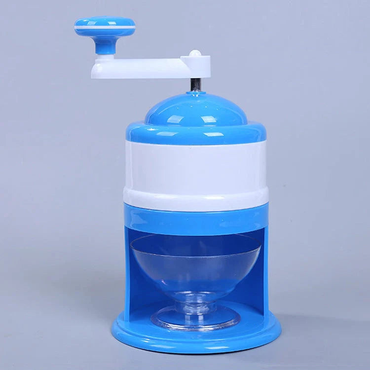 Portable manual ice crusher with stainless steel blade in blue and white