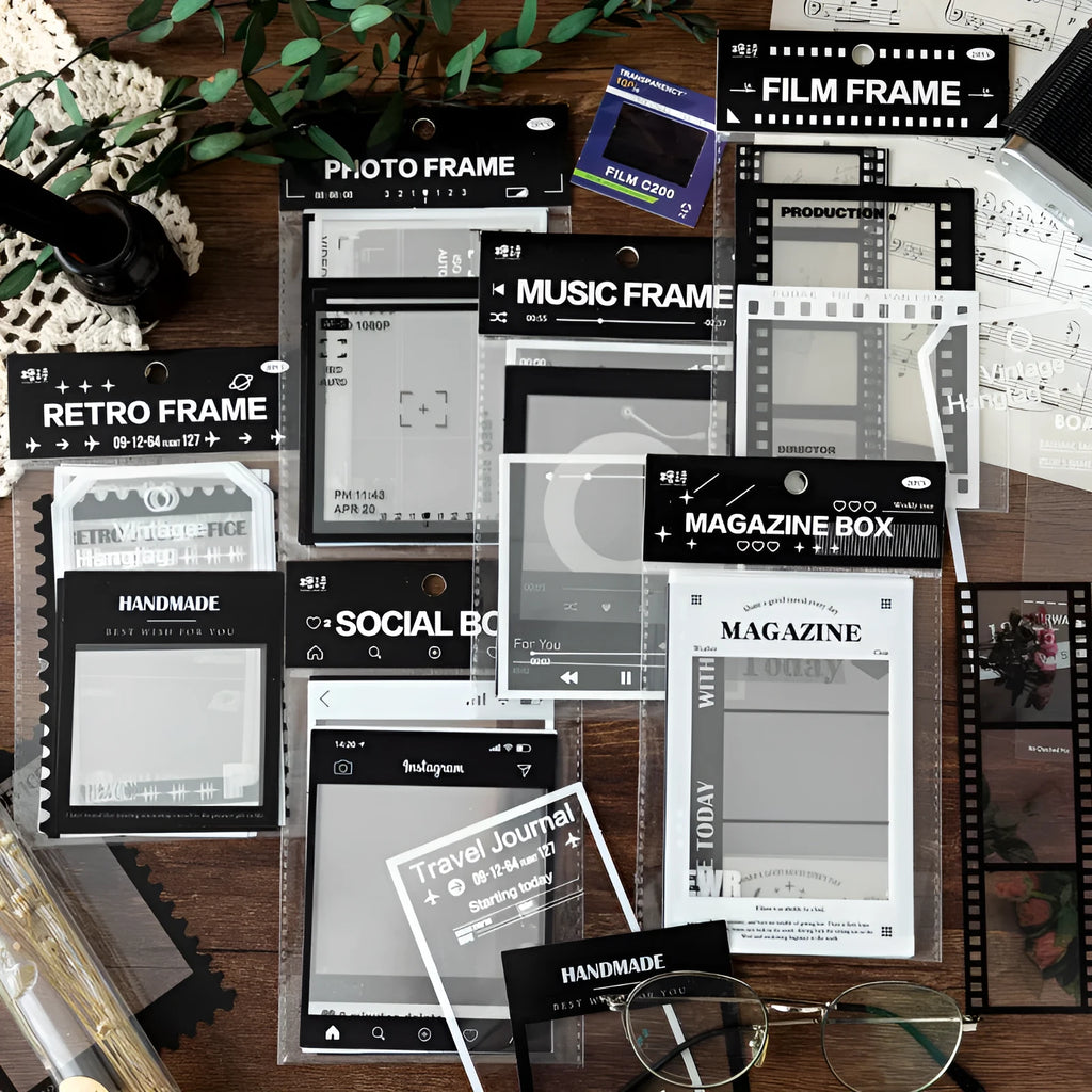 Frame Series retro decorative sticker sheets showing photography, film, magazine, music, social and transparent frame designs