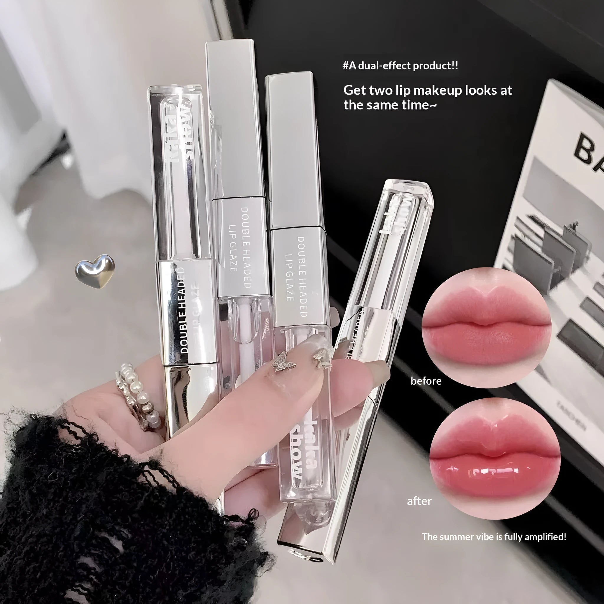 Double-ended dual-effect matte velvet lip gloss in five shades including Raspberry Sweet Peach and Candied Tomato