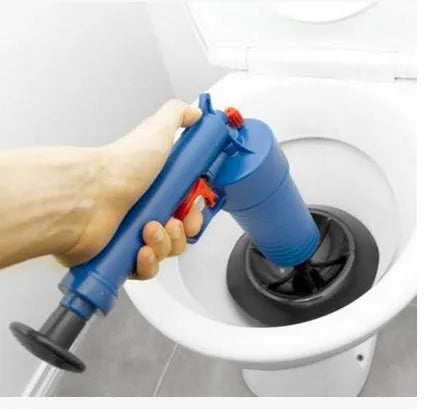 Plastic air power drain blaster gun with four different sized rubber suction cup adaptors for unblocking pipes
