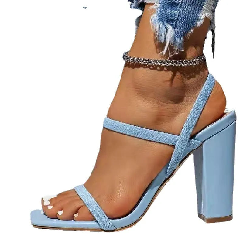 Ladies high heel sandals with fish mouth toe in colour showing artificial PU upper and rubber sole