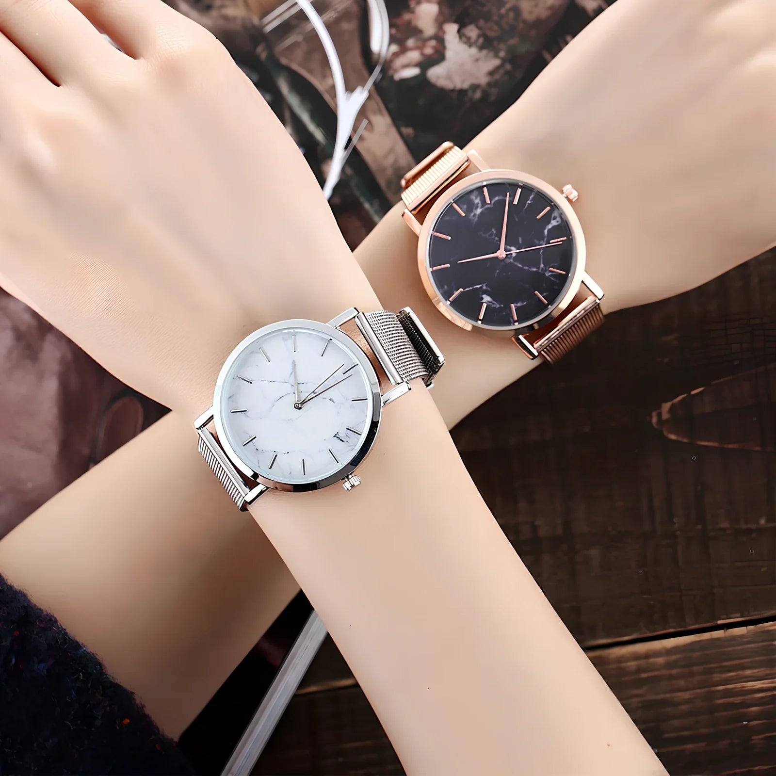 Vansvar women's quartz watch with black marble dial, silver mesh steel band, 3.9 cm diameter, slim 0.9 cm thick for casual wear