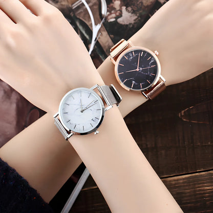 Vansvar women's quartz watch with black marble dial, silver mesh steel band, 3.9 cm diameter, slim 0.9 cm thick for casual wear