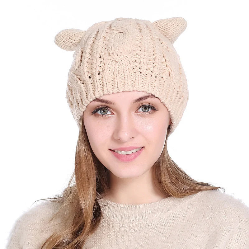 Autumn Winter Cat Ear Knit Beanie in various colors with unique design