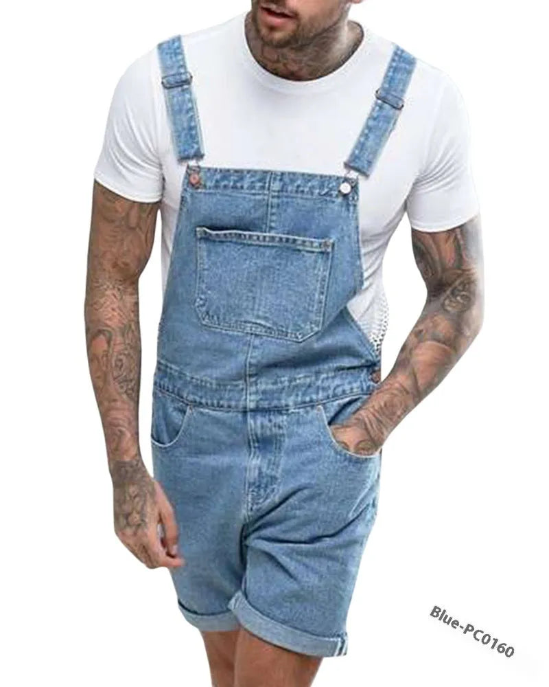 Men's medium elastic denim suspender pants in straight leg cut with detachable suspenders