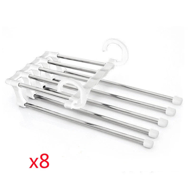 Versatile 5-in-1 stainless steel clothing rack with dual-hook system for organised wardrobe