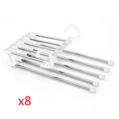 Versatile 5-in-1 stainless steel clothing rack with dual-hook system for organised wardrobe