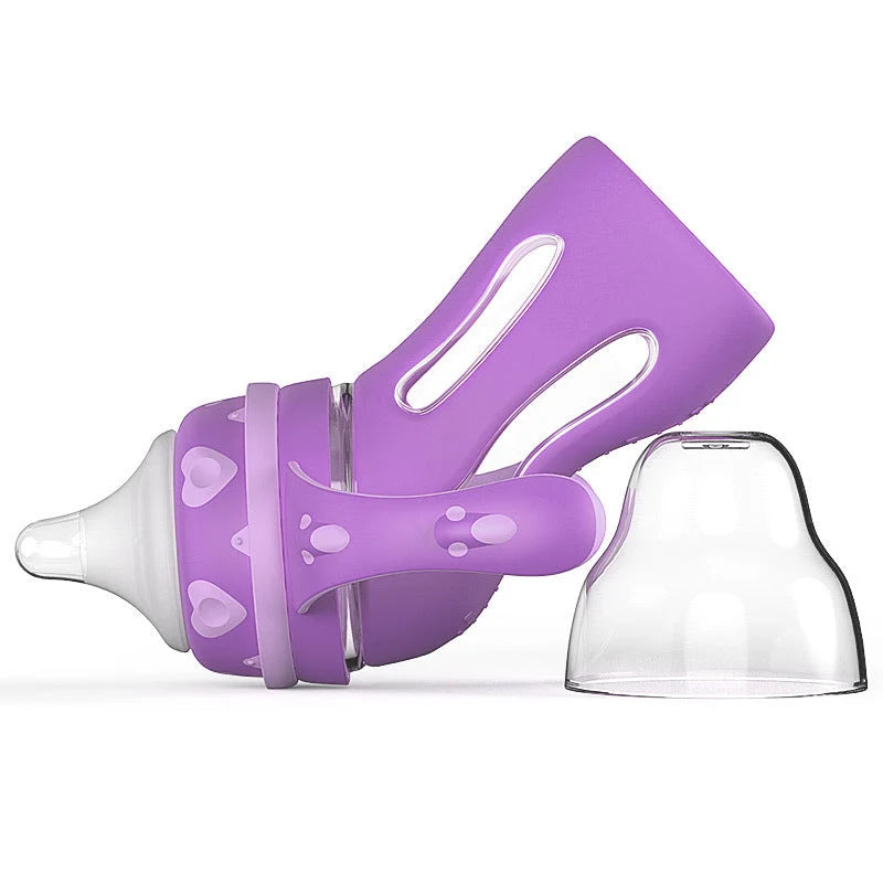 Glass baby bottle with temperature-sensitive silicone sleeve and USB milk warmer in sky blue