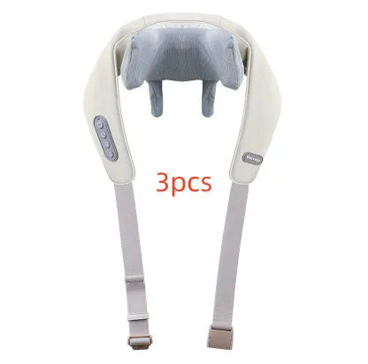 Beige neck massager with PU leather cover and six massage nodes on display against white background