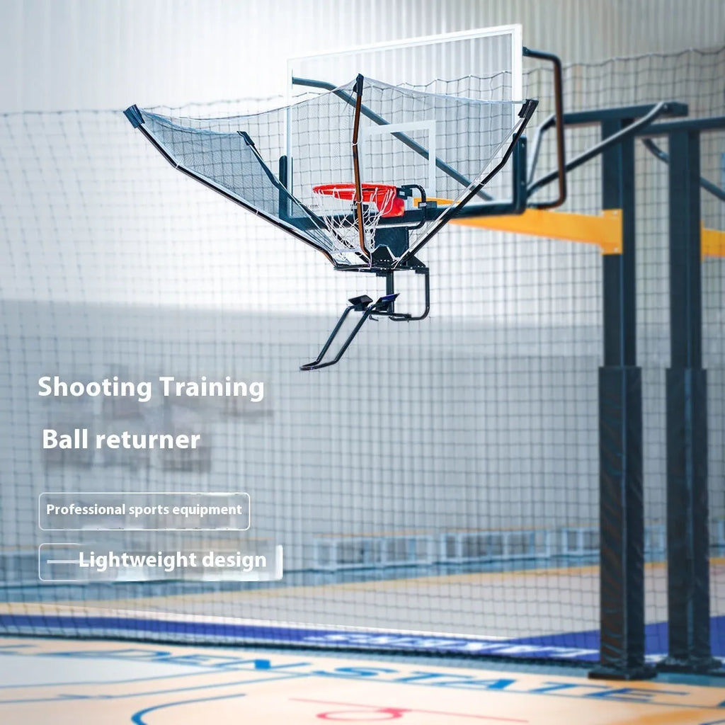 Basketball automatic ball return training machine hanging from basketball hoop