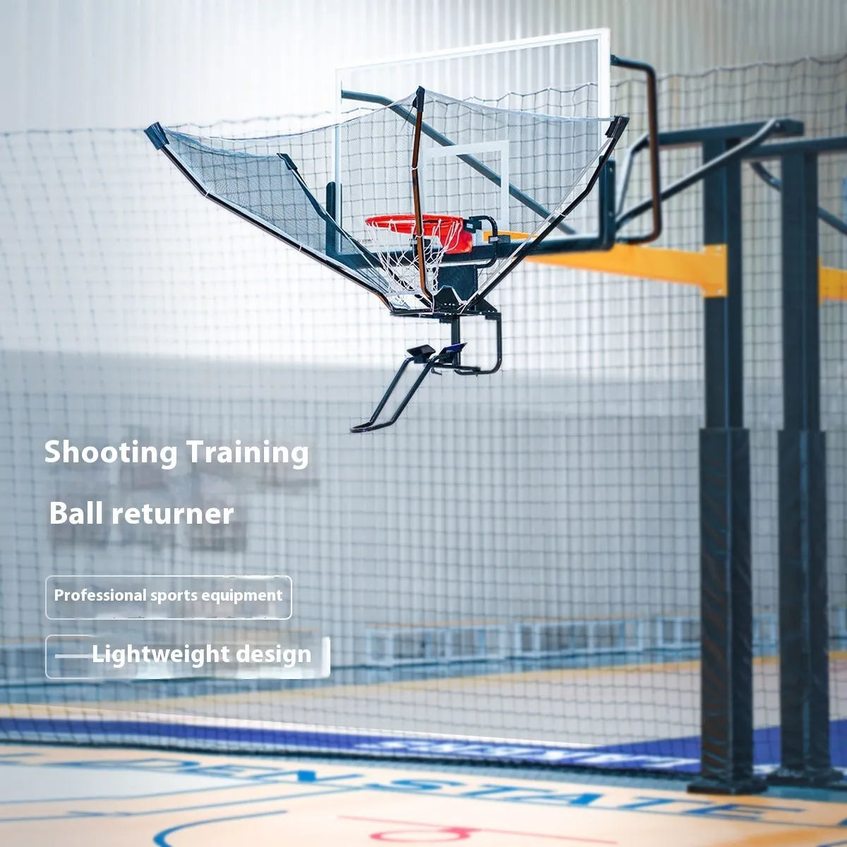 Basketball automatic ball return training machine hanging from basketball hoop