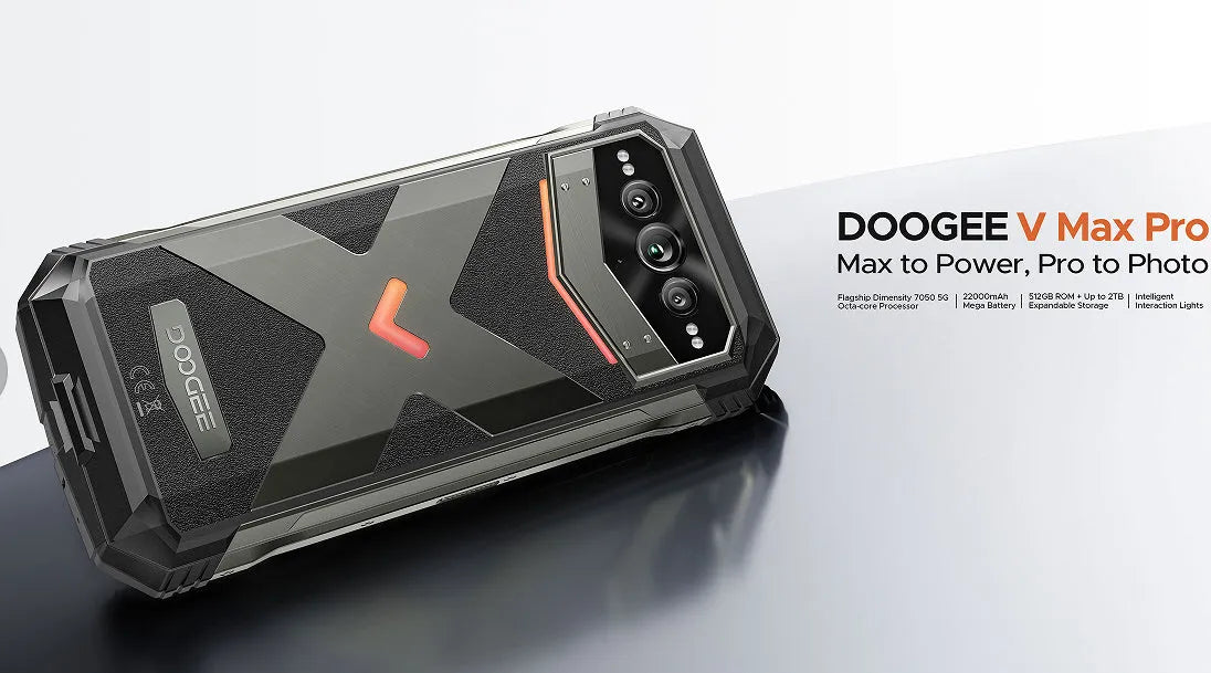 VMAX PRO Android smartphone in black or grey colour with plastic body and included charger.