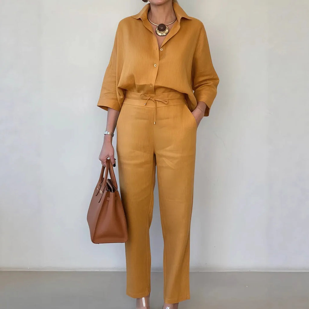 Women's solid colour polo collar two-piece shirt and pants set in army green, nine-quarter sleeves, stitching detail