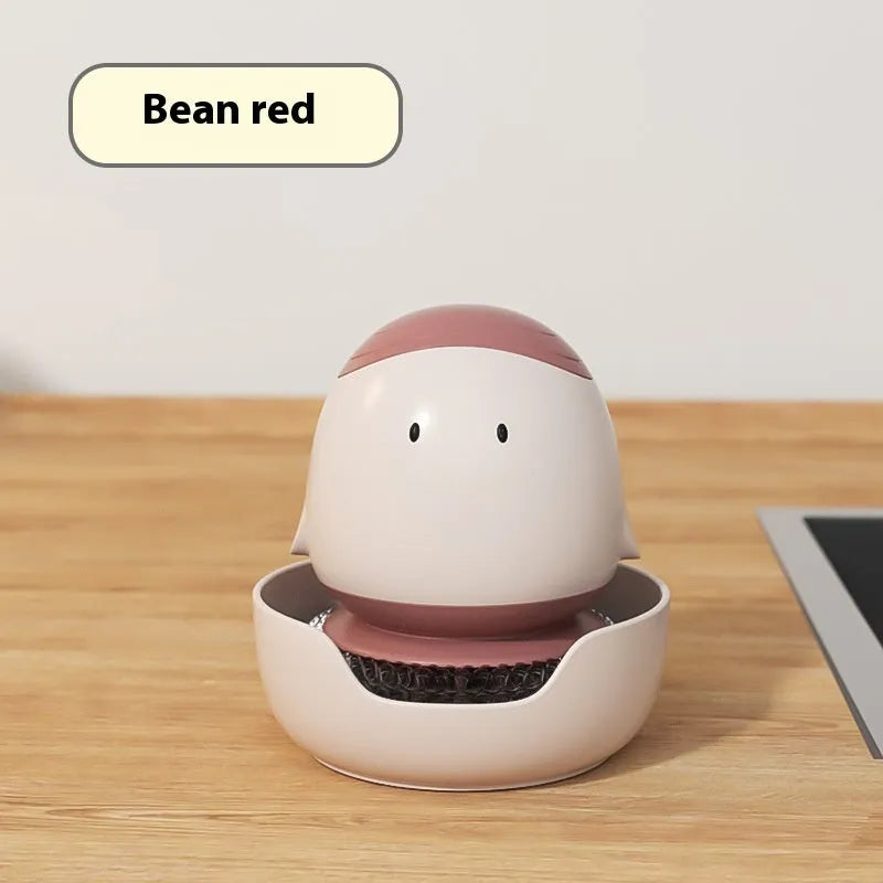 Automatic liquid filling dish brush in cute chicken shape with replaceable brush head in Bean Red