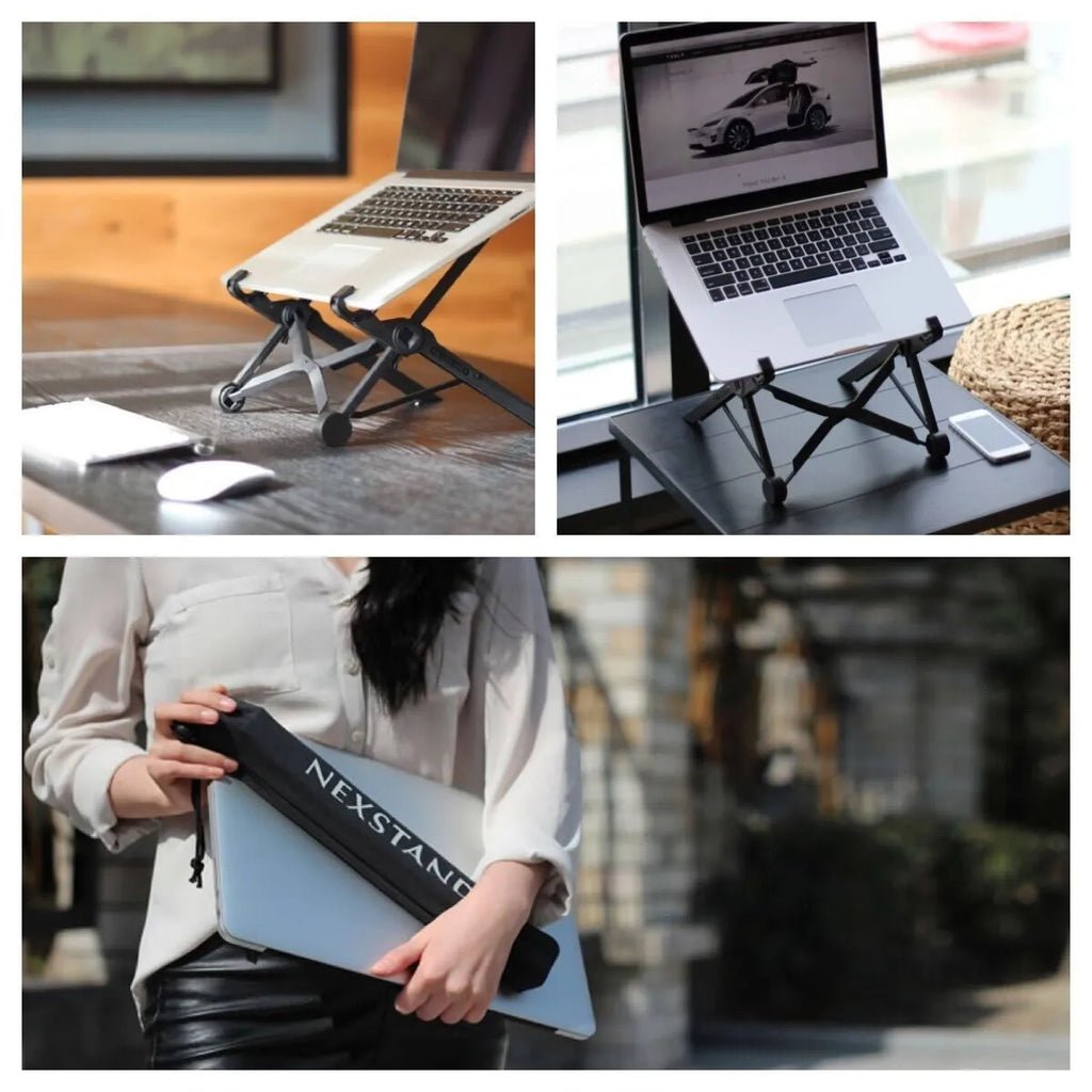 Sagacious black portable folding laptop bracket shown open and closed with its carrying case.