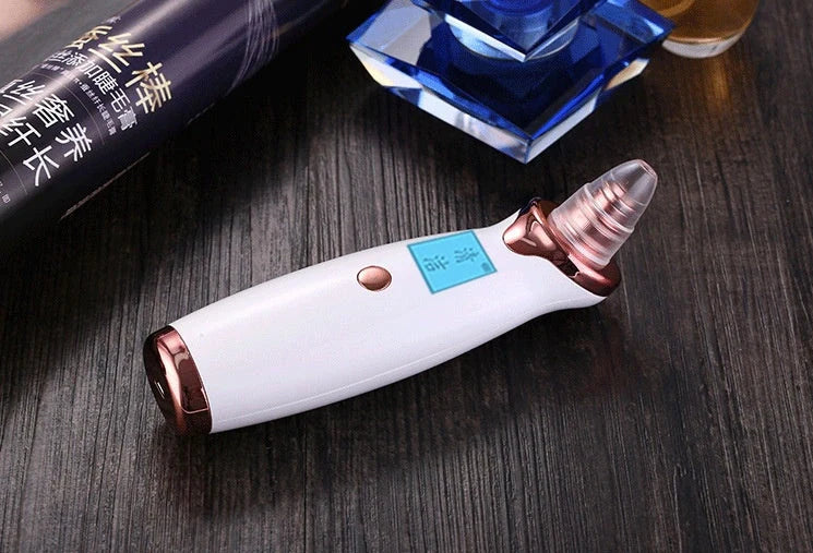 Blackhead extraction tool with 53KPa vacuum suction power featuring 850MAH battery capacity for 150 minutes continuous use in ivory white or rose gold finish