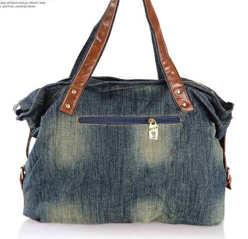 Casual denim women's handbag with multiple compartments and zipper opening