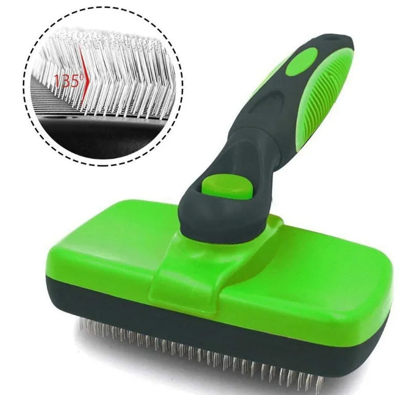 Pet self-cleaning slicker brush with stainless steel needles, green handle, comb surface 12.6 x 7cm, for dogs and cats