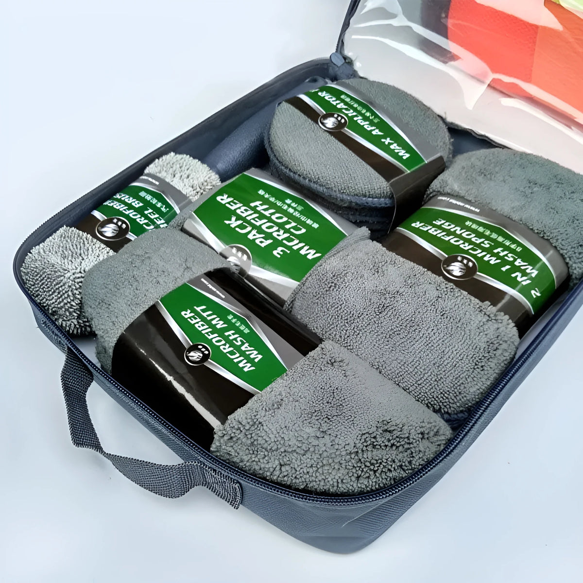 9-piece car wash cleaning kit with tyre brush, microfibre towels, sponge, glove, and waxing cakes in grey and orange