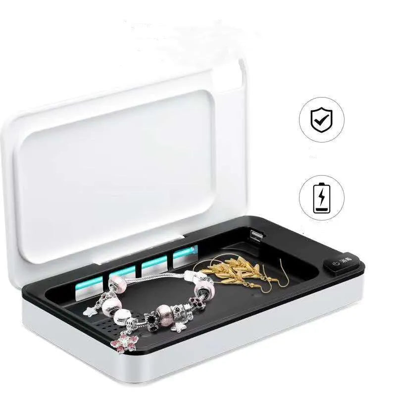 White multifunctional wireless phone charger with UV sterilisation and remote control