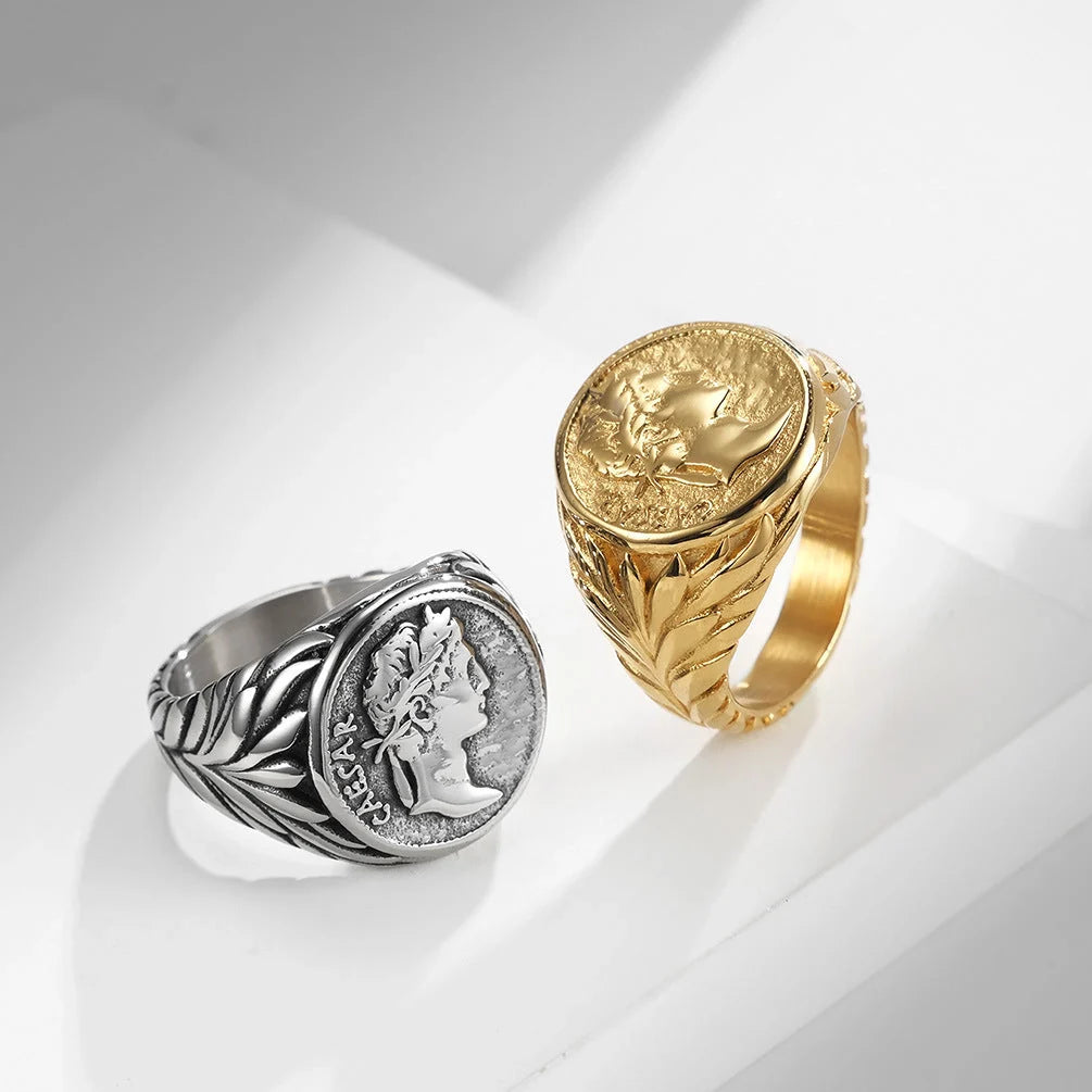 European and American style stainless steel ring in geometric design, available in steel and gold finishes