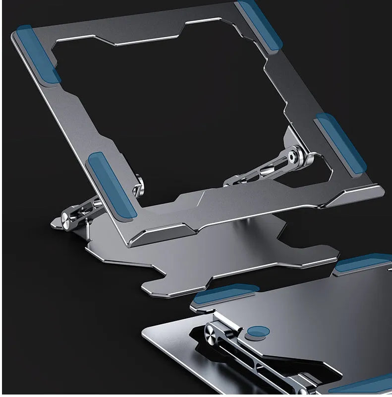Grey aluminium laptop stand with adjustable angle, shown folded and unfolded next to a laptop.