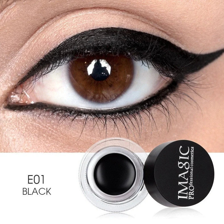 Big eye makeup with brush eyeliner that creates defined lines up to 12 hours, available in three specific shades with a fine-tipped brush for precise application