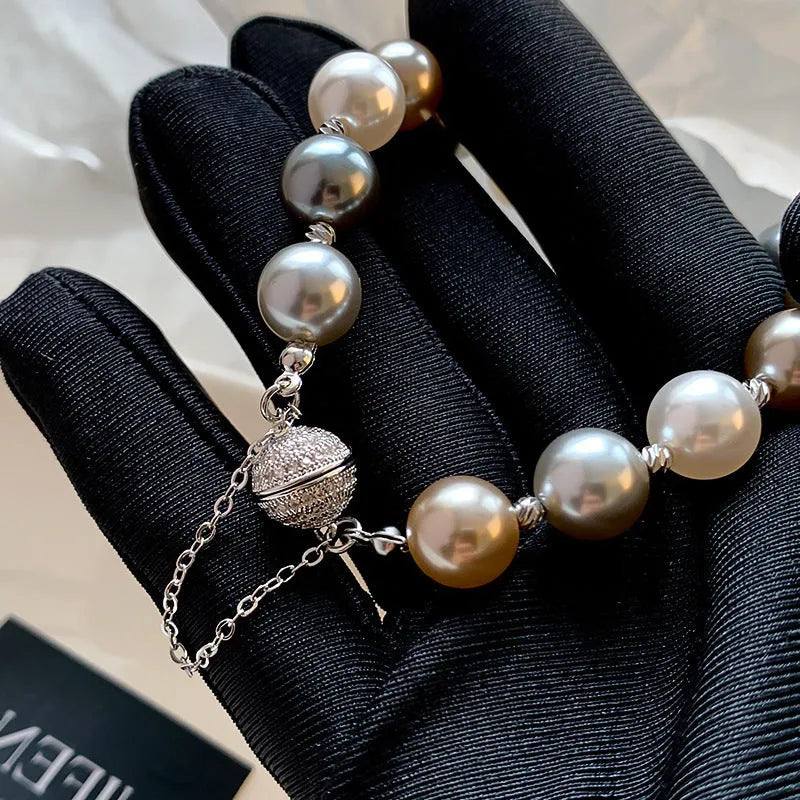 Gray pearl magnetic buckle bracelet for women, RF1034 silver colour, geometric shape with ring element