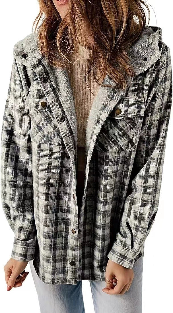 Casual plaid hooded woolen coat with fleece lining in various colours