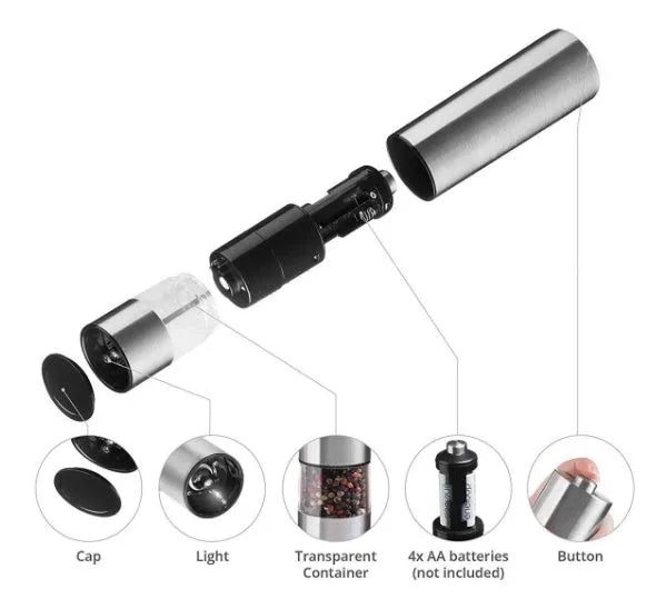 Stainless steel electric pepper grinder with natural colour finish, showing adjustable coarseness dial.
