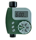 Green digital programmable water timer with display and dial attached to a garden hose faucet.