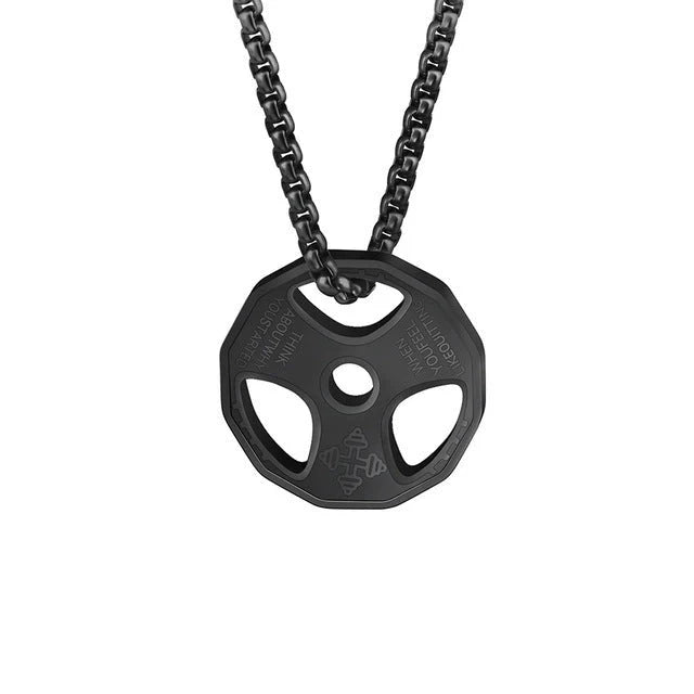 Men's titanium steel barbell necklace with geometric pendant in gold, silver, and black