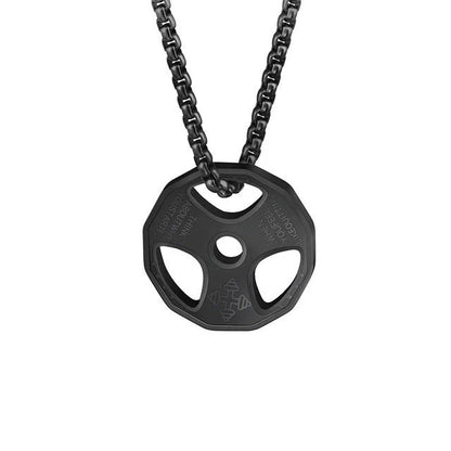Men's titanium steel barbell necklace with geometric pendant in gold, silver, and black