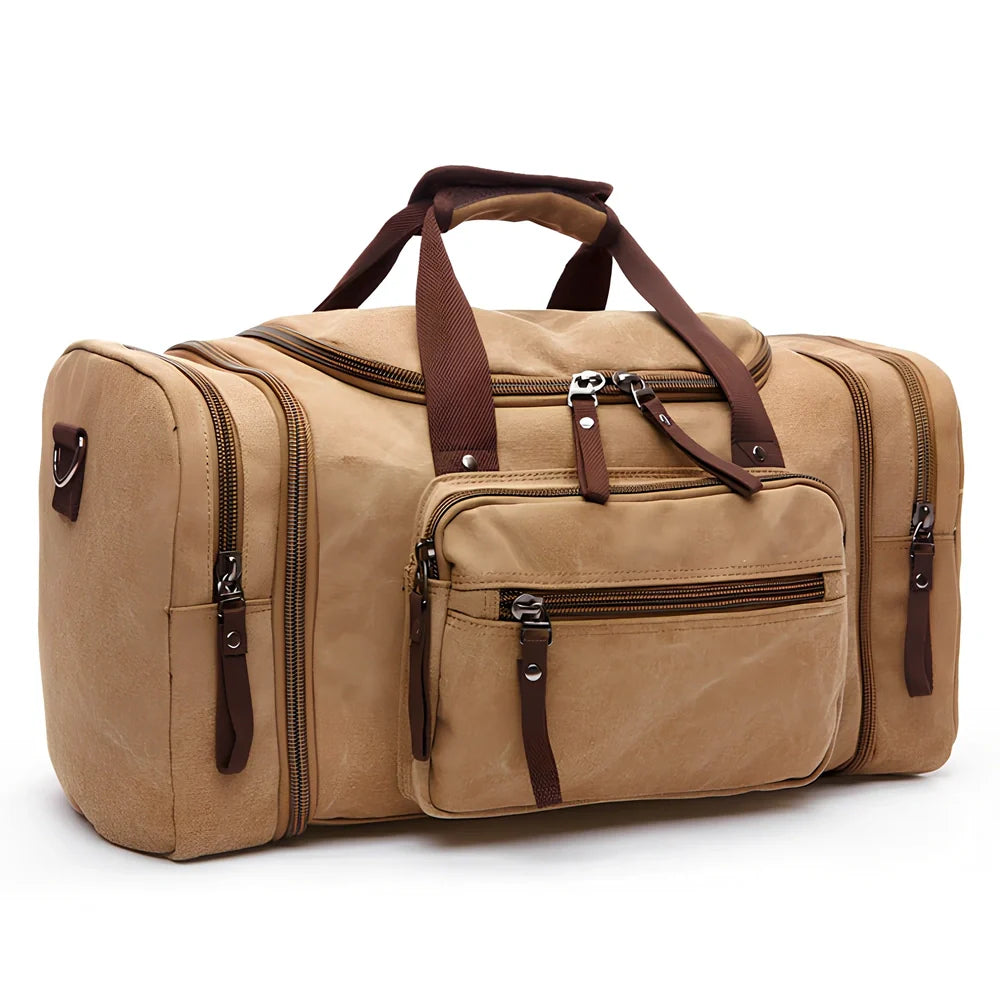 Men's canvas travel bag in army green with waterproof breathable canvas, soft handle, and cotton lining for dry travel packing