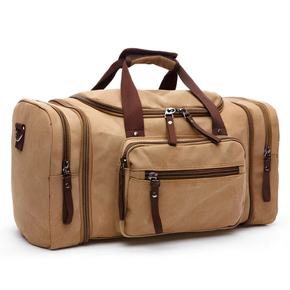 Men's canvas travel bag in army green with waterproof breathable canvas, soft handle, and cotton lining for dry travel packing