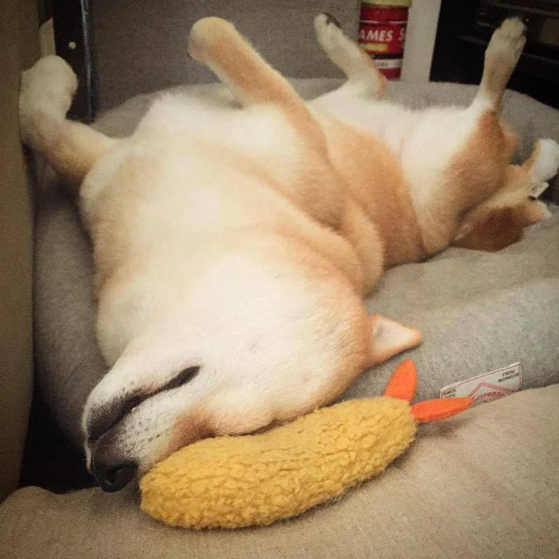 Fried Shrimp Tempura Dog Chew Toy with squeaker in yellow