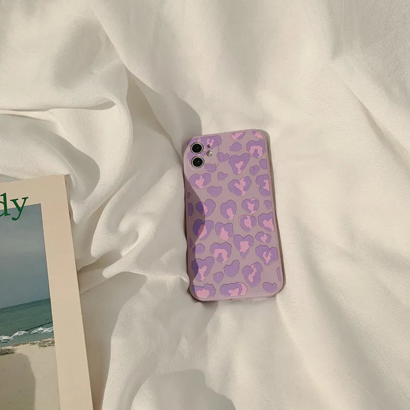 Frosted silicone phone case with purple leopard print and geometric design for Apple iPhone