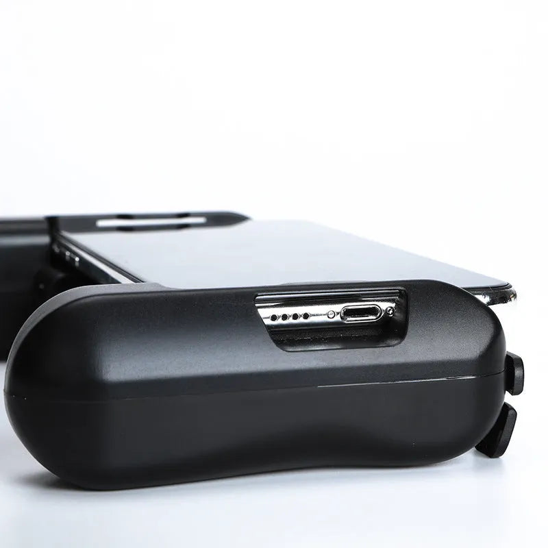 Black Bluetooth mobile game controller for Apple iPhone with cooling fan vents.