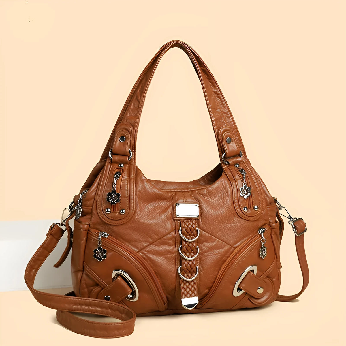 Women's large capacity washed leather handbag in soft PU, black colour, with slit pocket and sewn thread detailing