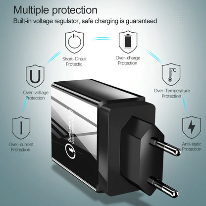 Black 4-port USB QC3.0 fast charger with 3100mA output for mobile phones and devices