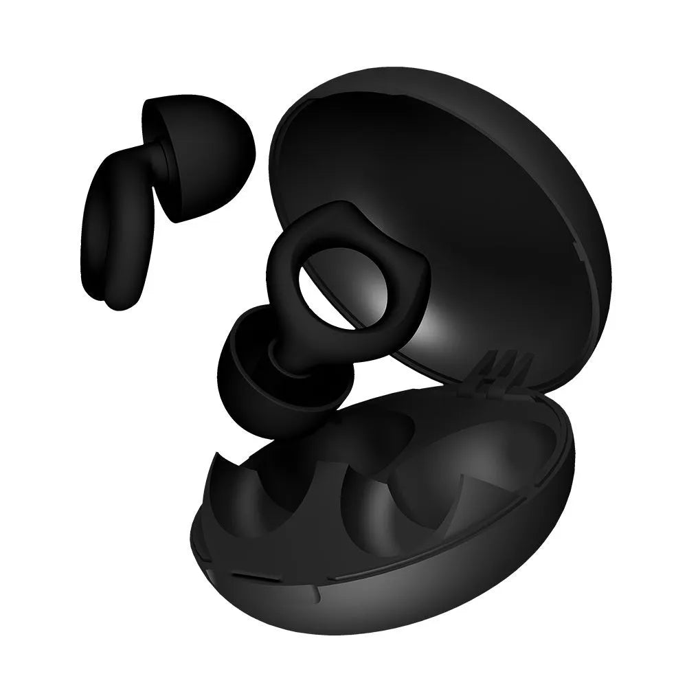 A pair of black silicone soundproof earplugs on a white background.