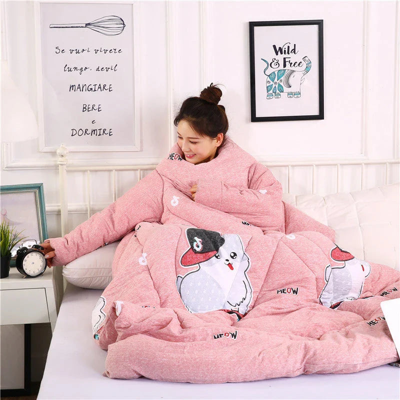 Cozy fleece-lined blanket with sleeves in various colors and designs, providing warmth and comfort for cold weather use.