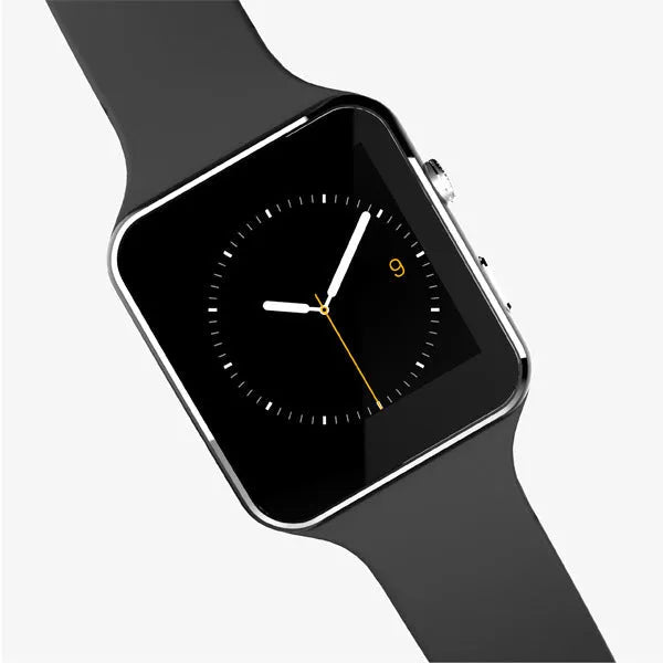 Black smart watch with 1.54 inch display and silicone strap on a wrist
