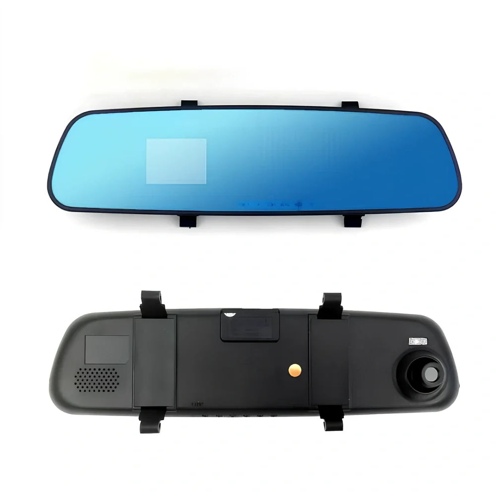 1080P HD rearview mirror driving recorder with 30cm x 8cm size, dual lenses, and motion detection display